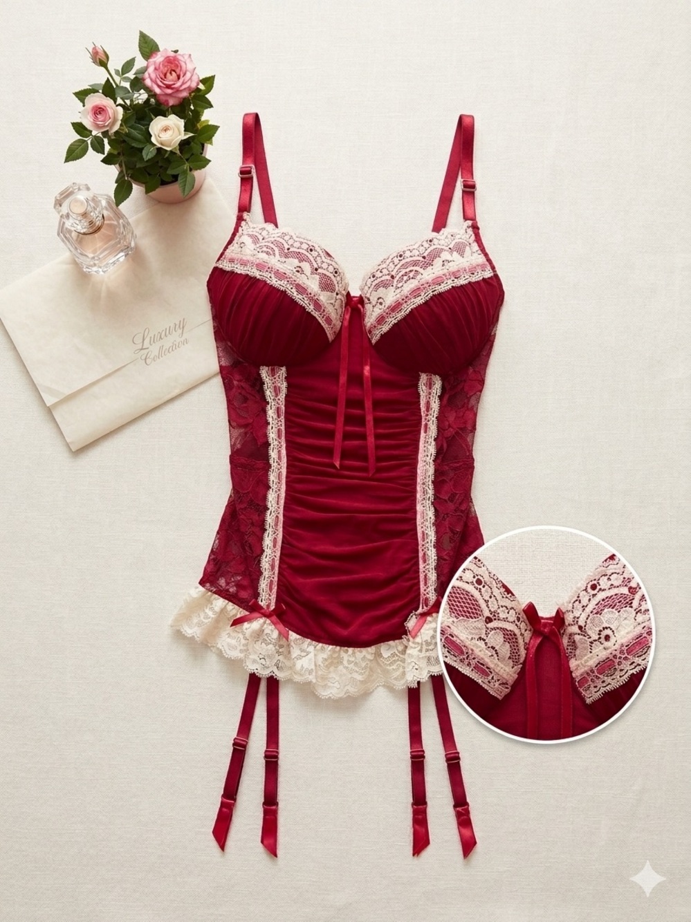 Coquette Red Lace Bustier Corset Teddy Garter Lingerie Small/P
